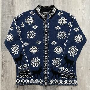 Nordic Design Full Zip Blue Wool Blend Snowflake Women's Cardigan Sweater Small
